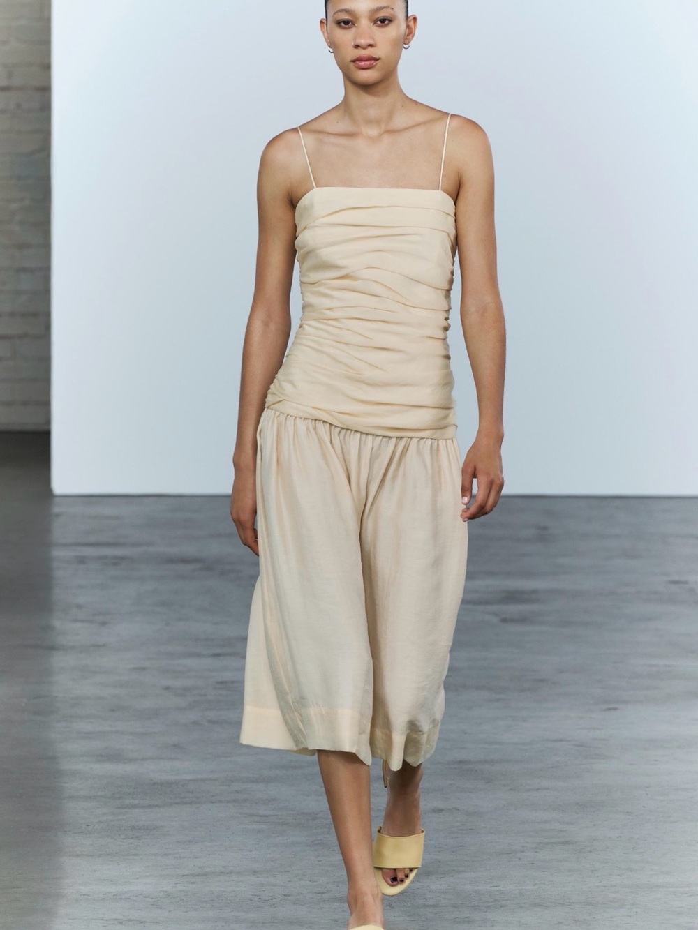Zara Beige Ruched Strappy Midi Dress